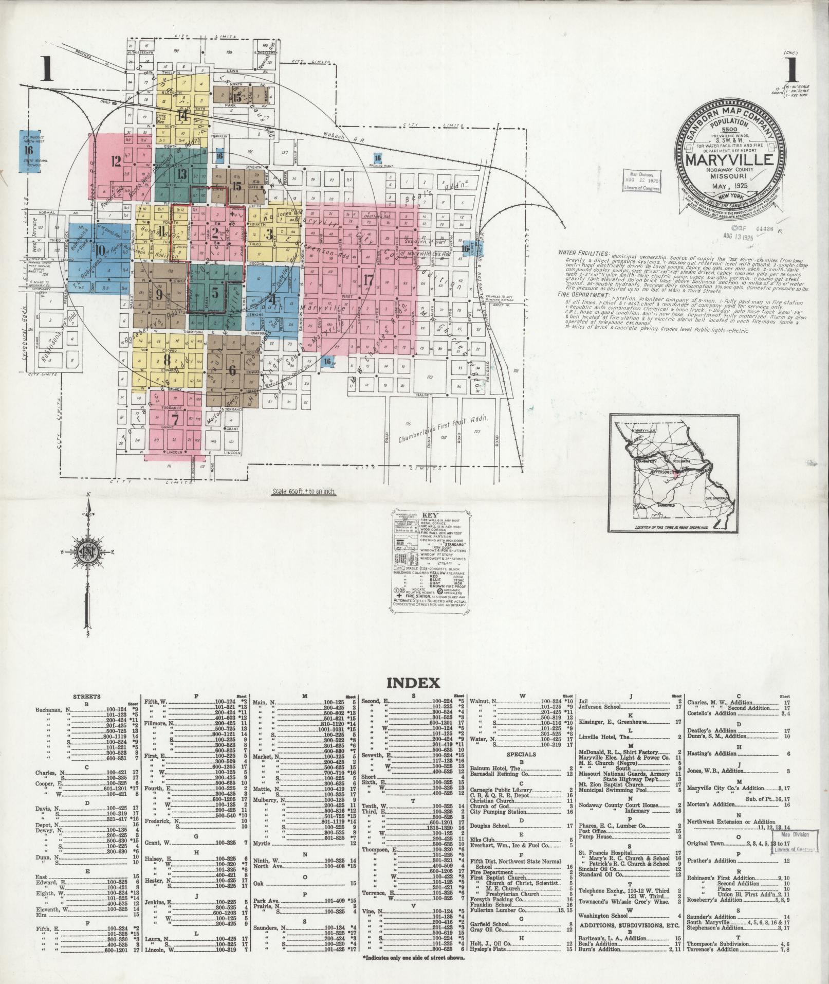 Sanborn Fire Insurance Map from Maryville, Nodaway County, Missouri (1925), Sheet #0001 - Complete Map Set gallery image, historic Sanborn map, vintage wall art, Missouri Missouri