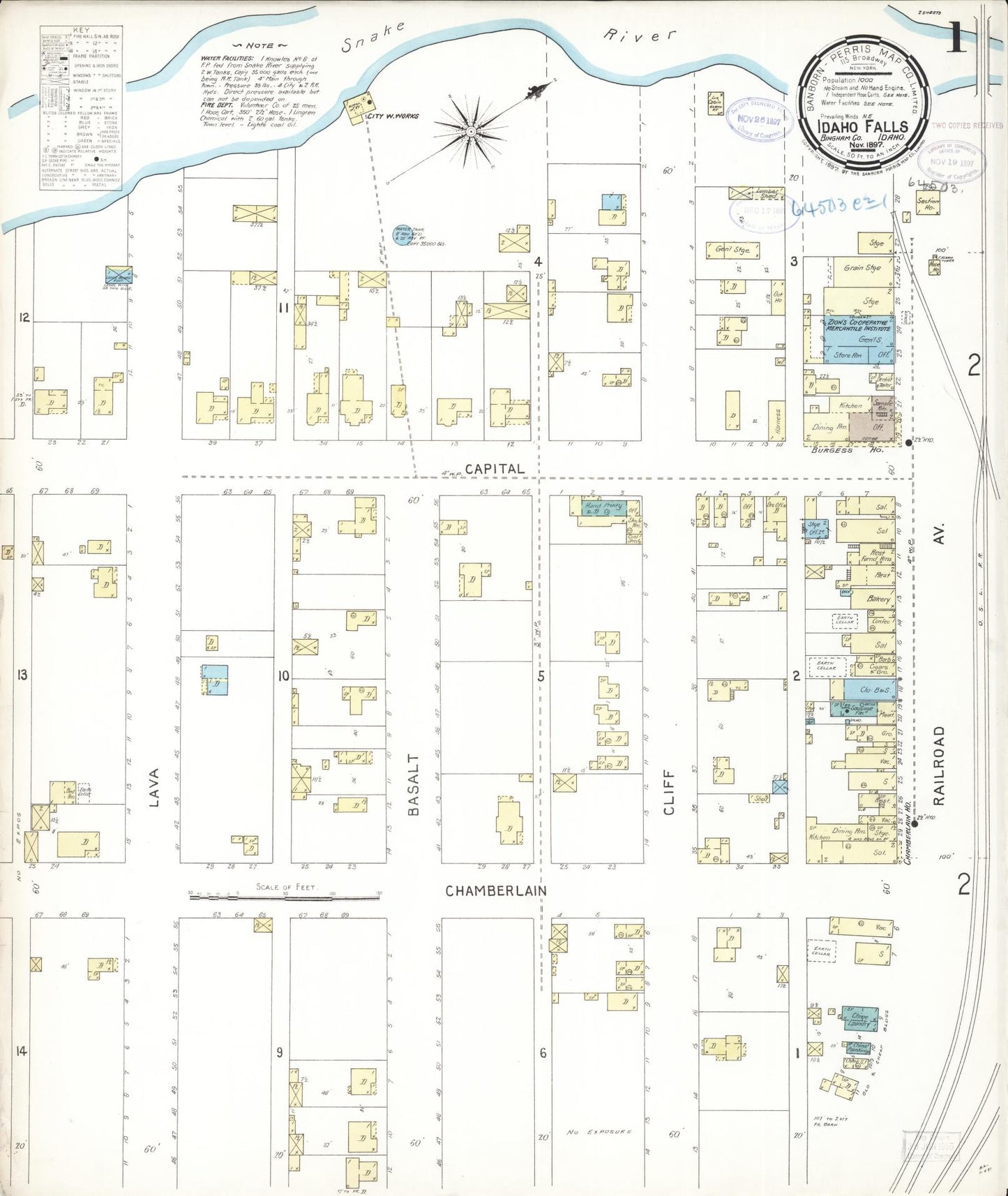 Sanborn Fire Insurance Map from Idaho Falls, Bonneville County, Idaho (1897), Sheet #0001 - Complete Map Set gallery image, historic Sanborn map, vintage wall art, Idaho Idaho