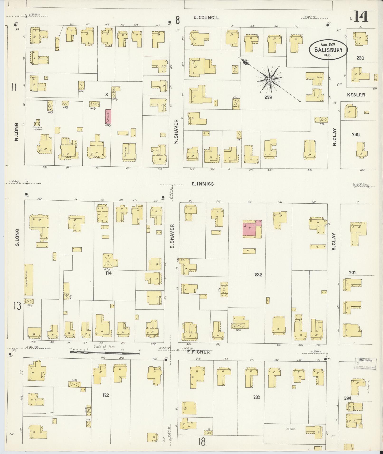 Sanborn Fire Insurance Map from Salisbury, Rowan County, North Carolina (1907), Sheet #0014 - Historic Sanborn Fire Insurance Map Print, vintage old map wall art, antique decor, genealogy gift, North Carolina North Carolina map