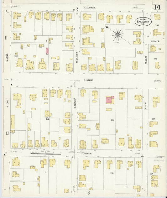 Sanborn Fire Insurance Map from Salisbury, Rowan County, North Carolina (1907), Sheet #0014 - Historic Sanborn Fire Insurance Map Print, vintage old map wall art, antique decor, genealogy gift, North Carolina North Carolina map