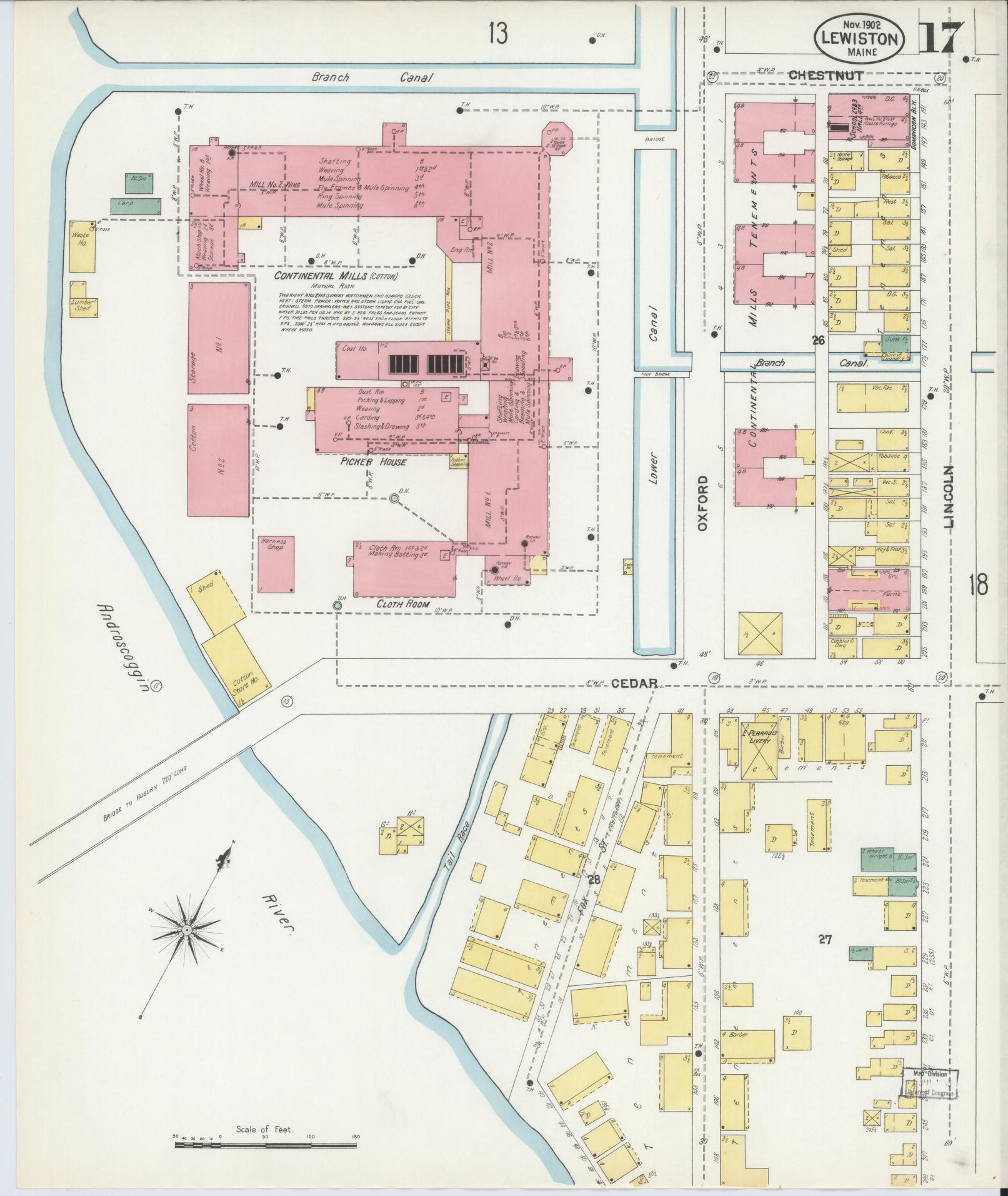 Sanborn Fire Insurance Map from Lewiston, Androscoggin County, Maine (1902), Sheet #0017 - Complete Map Set gallery image, historic Sanborn map, vintage wall art, Maine Maine