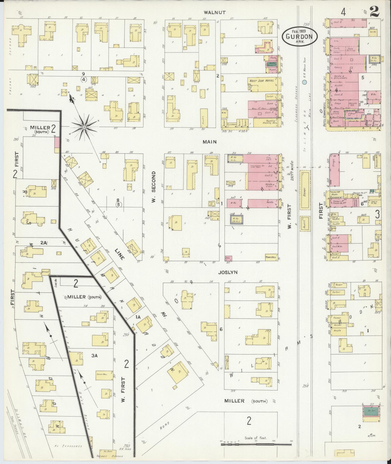 Sanborn Fire Insurance Map from Gurdon, Clark County, Arkansas (1909), Sheet #0002 - Complete Map Set gallery image, historic Sanborn map, vintage wall art, Arkansas Arkansas