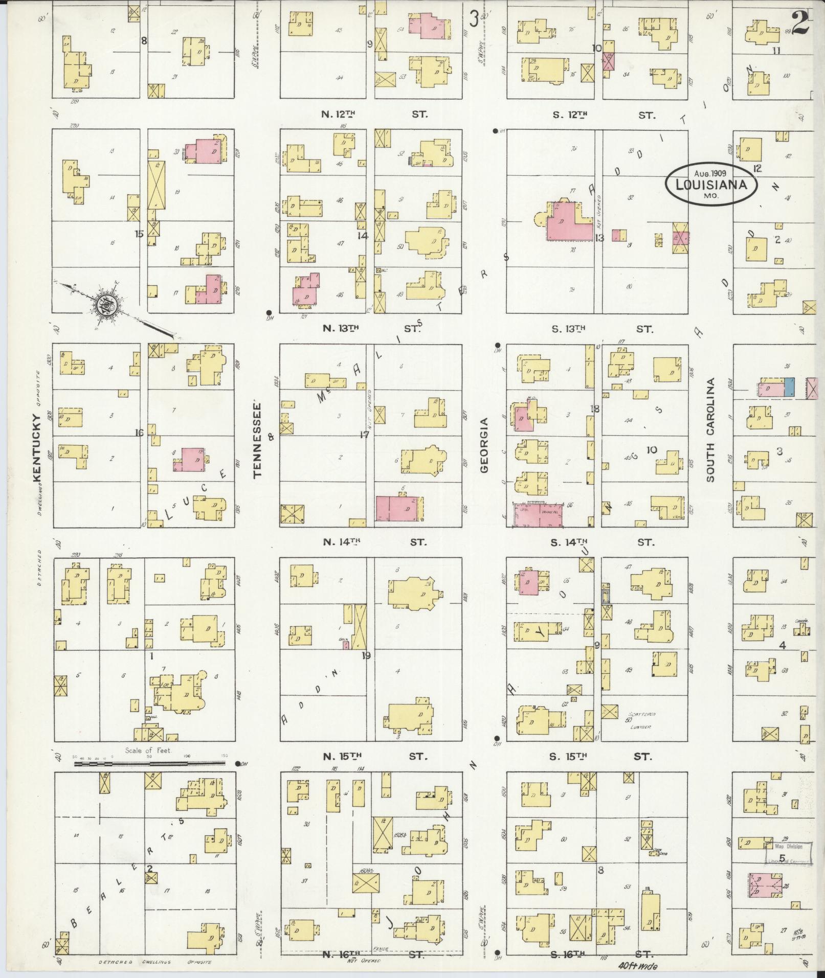 Sanborn Fire Insurance Map from Louisiana, Pike County, Missouri (1909), Sheet #0002 - Complete Map Set gallery image, historic Sanborn map, vintage wall art, Missouri Missouri