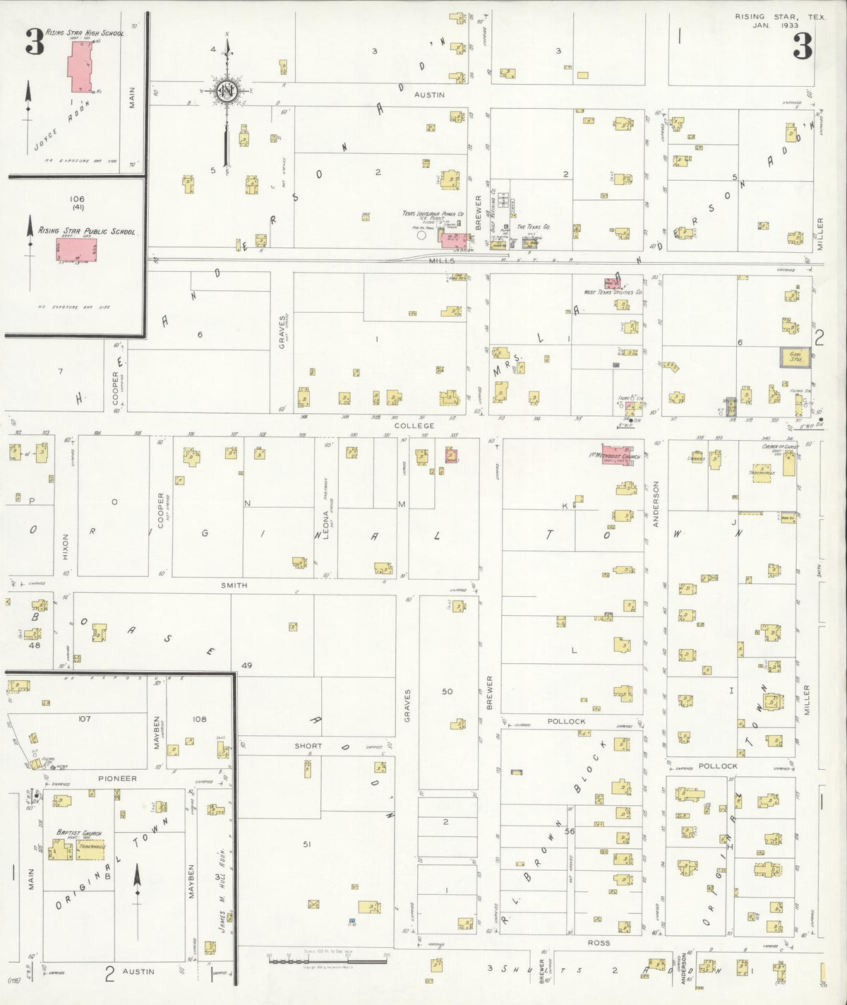 Sanborn Fire Insurance Map from Rising Star, Eastland County, Texas (1933), Sheet #0003 - Historic Sanborn Fire Insurance Map Print, vintage old map wall art, antique decor, genealogy gift, Texas Texas map