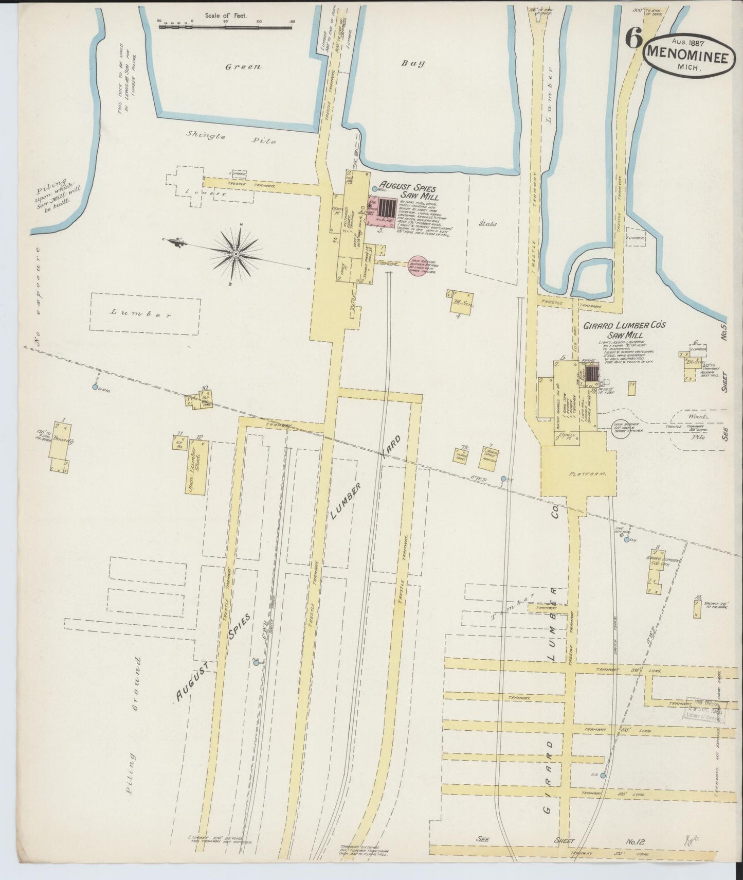 Sanborn Fire Insurance Map from Menominee, Menominee County, Michigan (1887), Sheet #0006 - Historic Sanborn Fire Insurance Map Print, vintage old map wall art, antique decor, genealogy gift, Michigan Michigan map