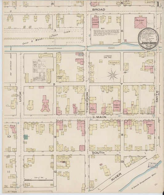 Sanborn Fire Insurance Map from Jersey Shore, Lycoming County, Pennsylvania (1885), Sheet #0001 - Historic Sanborn Fire Insurance Map Print, vintage old map wall art, antique decor, genealogy gift, Pennsylvania Pennsylvania map