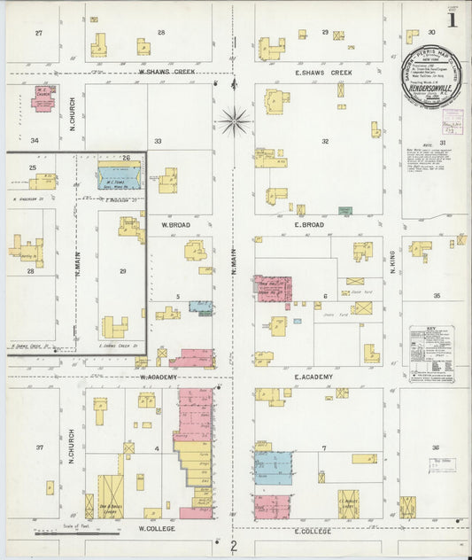 Sanborn Fire Insurance Map from Hendersonville, Henderson County, North Carolina (1901), Sheet #0001 - Complete Map Set gallery image, historic Sanborn map, vintage wall art, North Carolina North Carolina