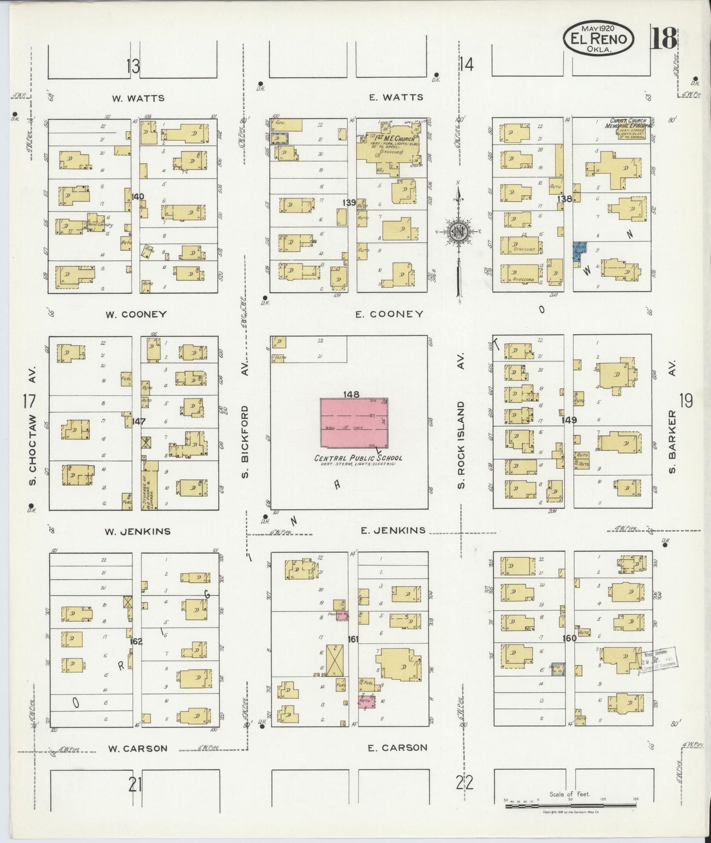Sanborn Fire Insurance Map from El Reno, Canadian County, Oklahoma (1920), Sheet #0018 - Historic Sanborn Fire Insurance Map Print, vintage old map wall art, antique decor, genealogy gift, Oklahoma Oklahoma map