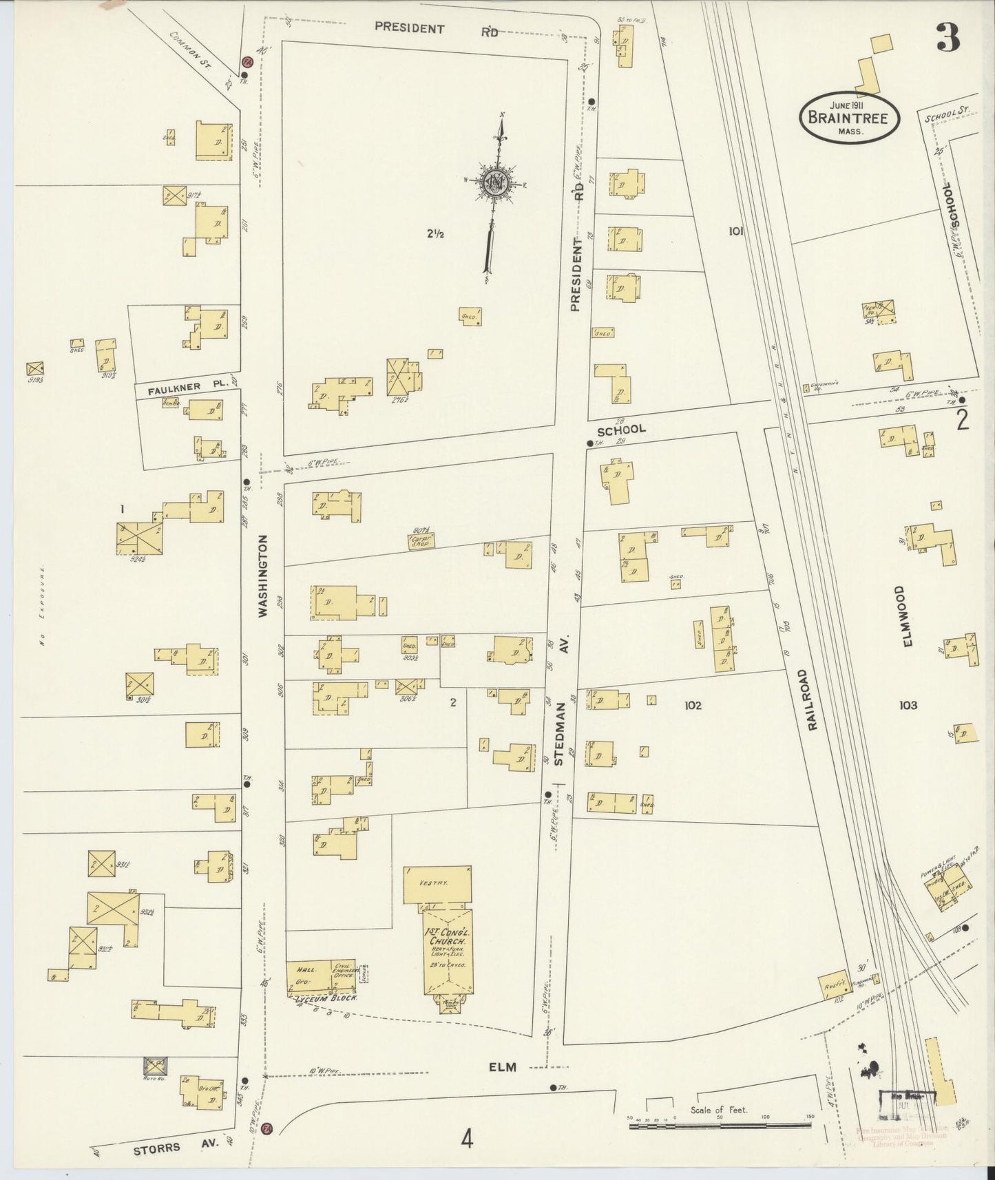 Sanborn Fire Insurance Map from Braintree, Norfolk County, Massachusetts (1911), Sheet #0003 - Historic Sanborn Fire Insurance Map Print, vintage old map wall art, antique decor, genealogy gift, Massachusetts Massachusetts map