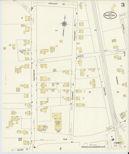 Sanborn Fire Insurance Map from Braintree, Norfolk County, Massachusetts (1911), Sheet #0003 - Historic Sanborn Fire Insurance Map Print, vintage old map wall art, antique decor, genealogy gift, Massachusetts Massachusetts map