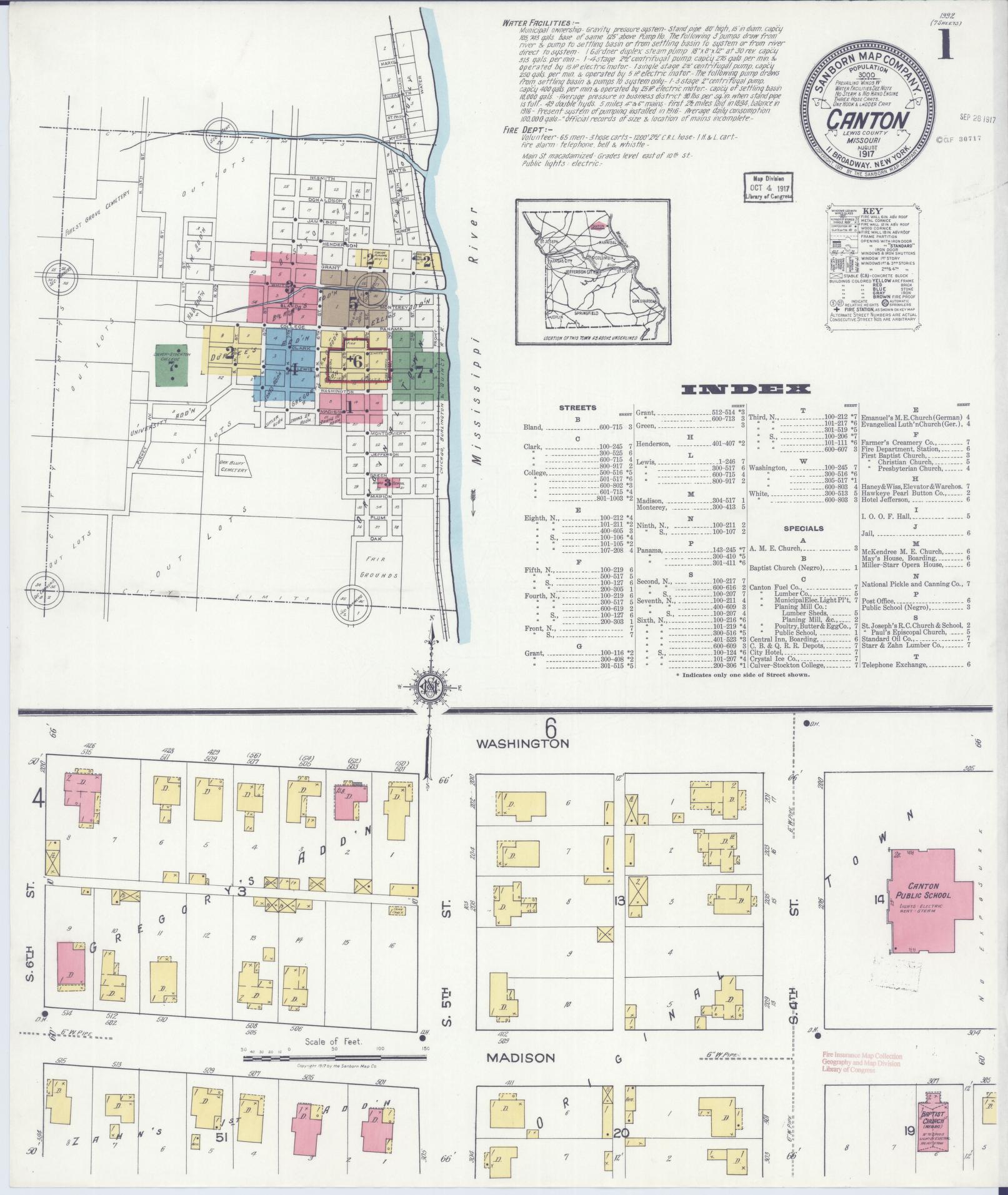 Sanborn Fire Insurance Map from Canton, Lewis County, Missouri (1917), Sheet #0001 - Complete Map Set gallery image, historic Sanborn map, vintage wall art, Missouri Missouri