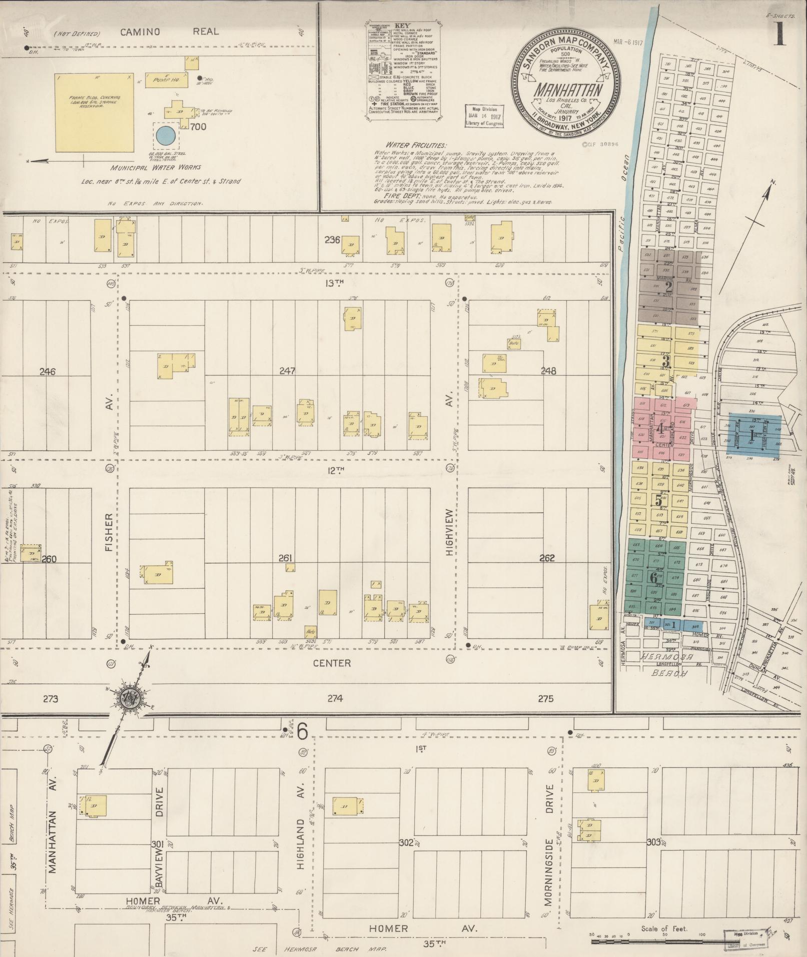 Sanborn Fire Insurance Map from Manhattan Beach, Los Angeles County, California (1917), Sheet #0001 - Historic Sanborn Fire Insurance Map Print, vintage old map wall art, antique decor, genealogy gift, California California map