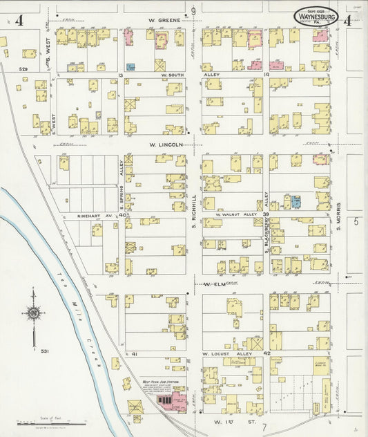 Sanborn Fire Insurance Map from Waynesburg, Greene County, Pennsylvania (1925), Sheet #0004 - Historic Sanborn Fire Insurance Map Print, vintage old map wall art, antique decor, genealogy gift, Pennsylvania Pennsylvania map