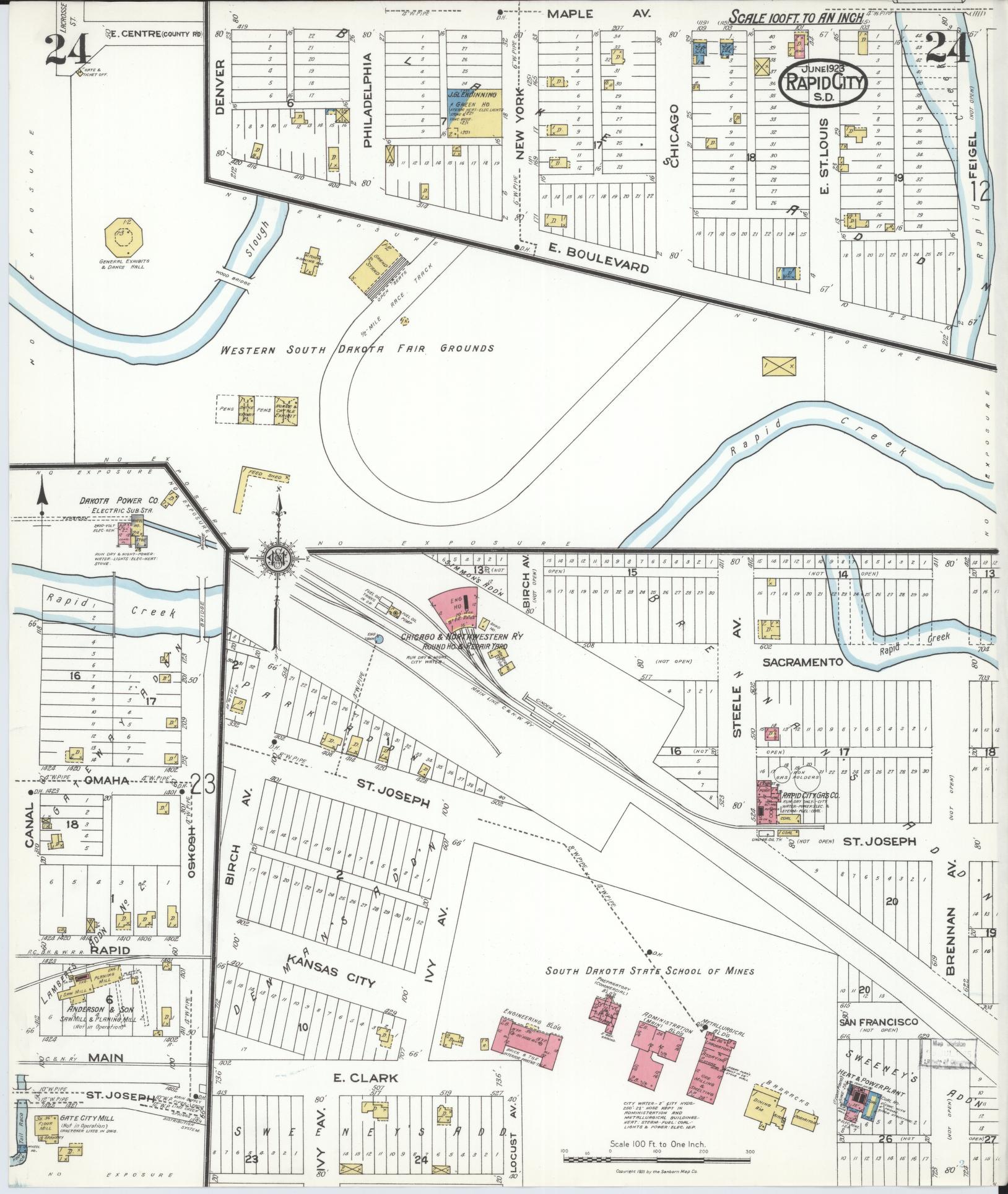 Sanborn Fire Insurance Map from Rapid City, Pennington County, South Dakota (1923), Sheet #0024 - Historic Sanborn Fire Insurance Map Print, vintage old map wall art, antique decor, genealogy gift, South Dakota South Dakota map