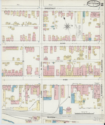 Sanborn Fire Insurance Map from Pottstown, Montgomery County, Pennsylvania (1891), Sheet #0002 - Historic Sanborn Fire Insurance Map Print, vintage old map wall art, antique decor, genealogy gift, Pennsylvania Pennsylvania map