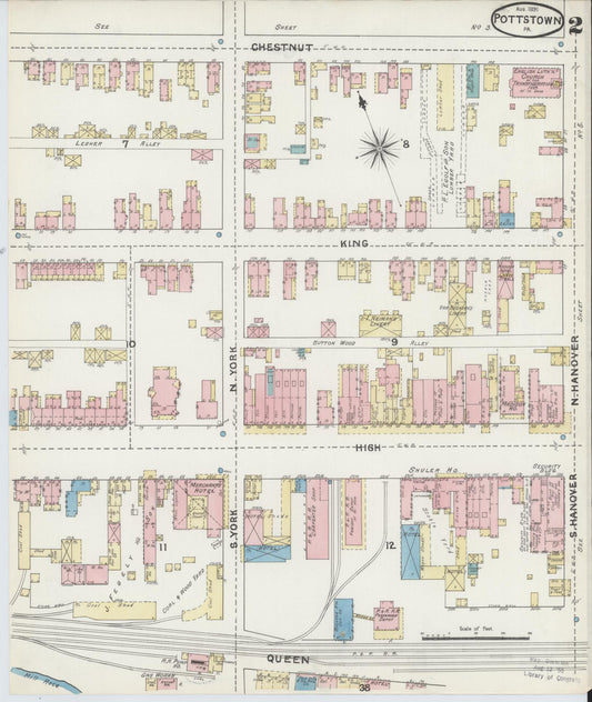 Sanborn Fire Insurance Map from Pottstown, Montgomery County, Pennsylvania (1891), Sheet #0002 - Historic Sanborn Fire Insurance Map Print, vintage old map wall art, antique decor, genealogy gift, Pennsylvania Pennsylvania map