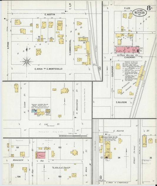 Sanborn Fire Insurance Map from Nevada, Vernon County, Missouri (1900), Sheet #0008 - Historic Sanborn Fire Insurance Map Print, vintage old map wall art, antique decor, genealogy gift, Nevada Nevada map