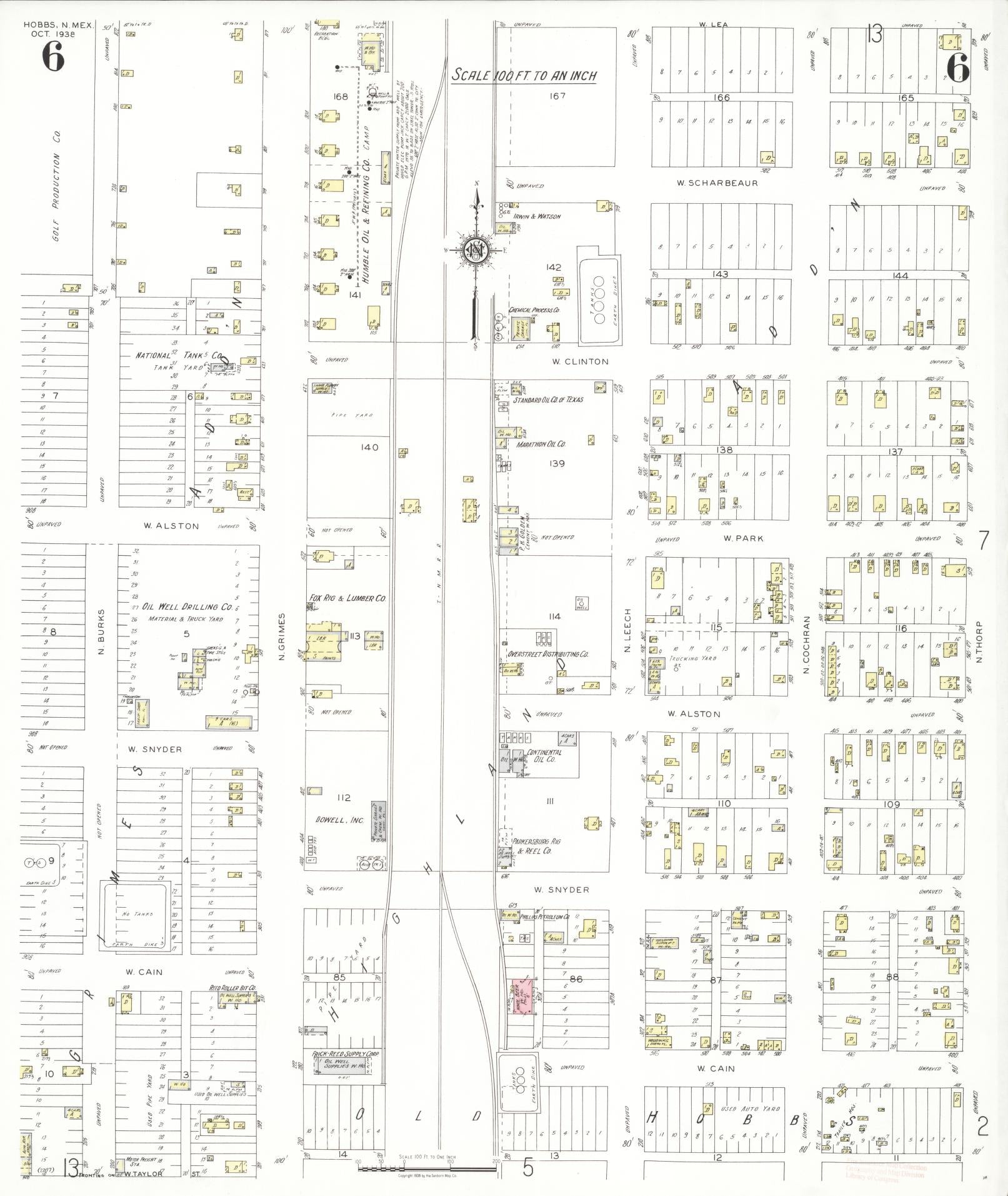 Sanborn Fire Insurance Map from Hobbs, Lea County, New Mexico (1938), Sheet #0006 - Historic Sanborn Fire Insurance Map Print, vintage old map wall art, antique decor, genealogy gift, New Mexico New Mexico map