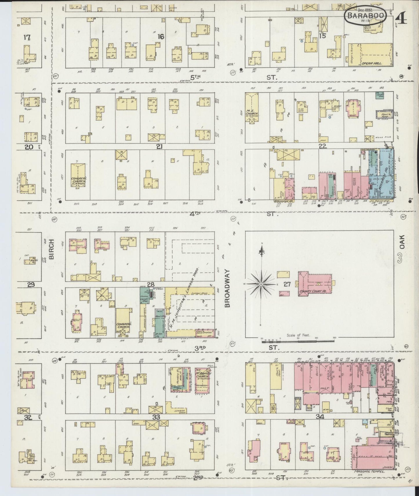 Sanborn Fire Insurance Map from Baraboo, Sauk County, Wisconsin (1892), Sheet #0004 - Historic Sanborn Fire Insurance Map Print, vintage old map wall art, antique decor, genealogy gift, Wisconsin Wisconsin map