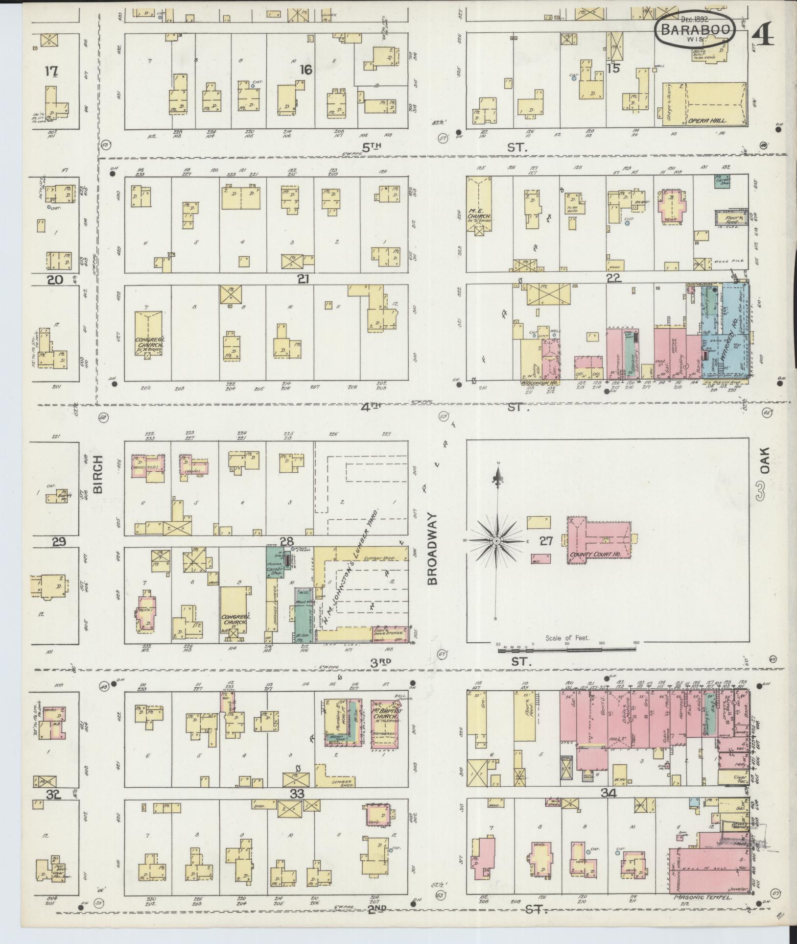 Sanborn Fire Insurance Map from Baraboo, Sauk County, Wisconsin (1892), Sheet #0004 - Historic Sanborn Fire Insurance Map Print, vintage old map wall art, antique decor, genealogy gift, Wisconsin Wisconsin map