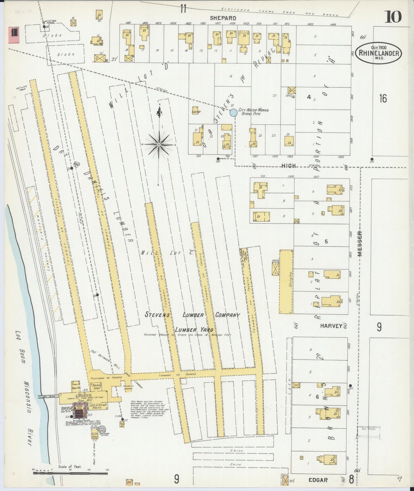 Sanborn Fire Insurance Map from Rhinelander, Oneida County, Wisconsin (1900), Sheet #0010 - Historic Sanborn Fire Insurance Map Print, vintage old map wall art, antique decor, genealogy gift, Wisconsin Wisconsin map