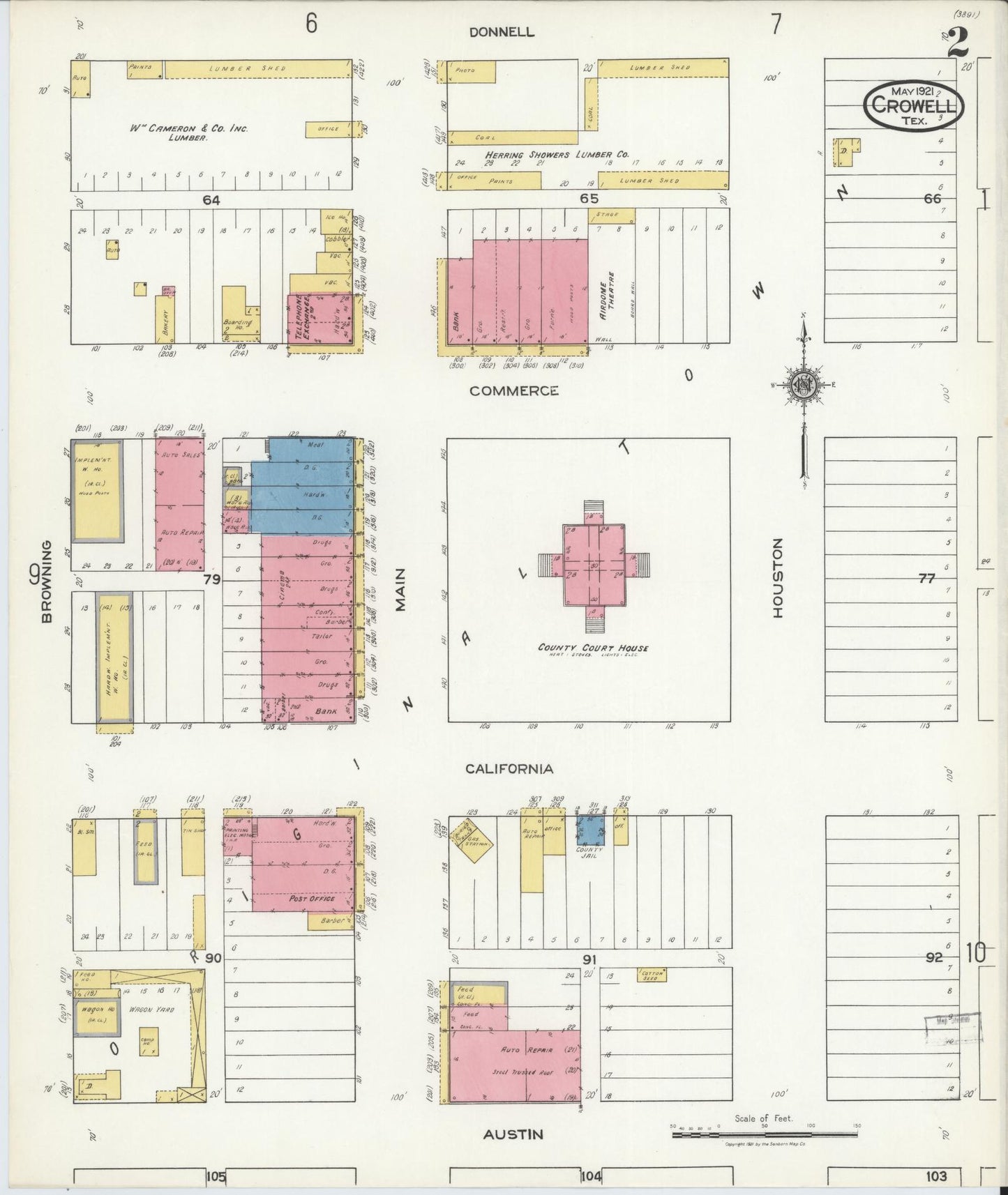 Sanborn Fire Insurance Map from Crowell, Foard County, Texas (1921), Sheet #0002 - Historic Sanborn Fire Insurance Map Print, vintage old map wall art, antique decor, genealogy gift, Texas Texas map