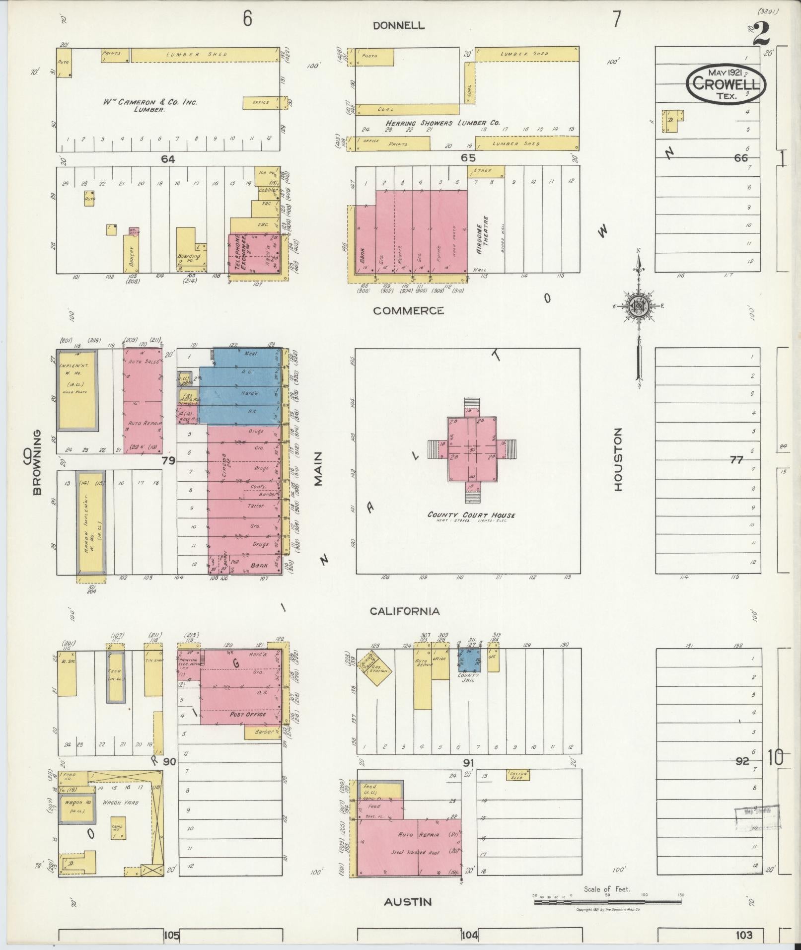 Sanborn Fire Insurance Map from Crowell, Foard County, Texas (1921), Sheet #0002 - Historic Sanborn Fire Insurance Map Print, vintage old map wall art, antique decor, genealogy gift, Texas Texas map