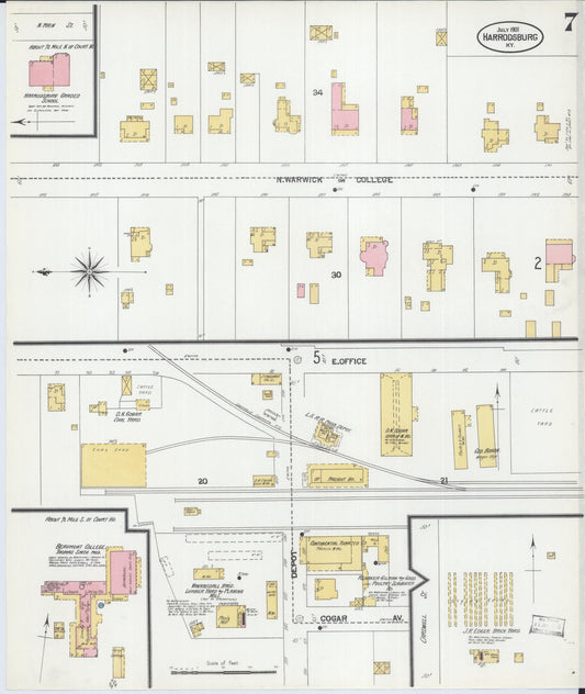 Sanborn Fire Insurance Map from Harrodsburg, Mercer County, Kentucky (1901), Sheet #0007 - Historic Sanborn Fire Insurance Map Print, vintage old map wall art, antique decor, genealogy gift, Kentucky Kentucky map