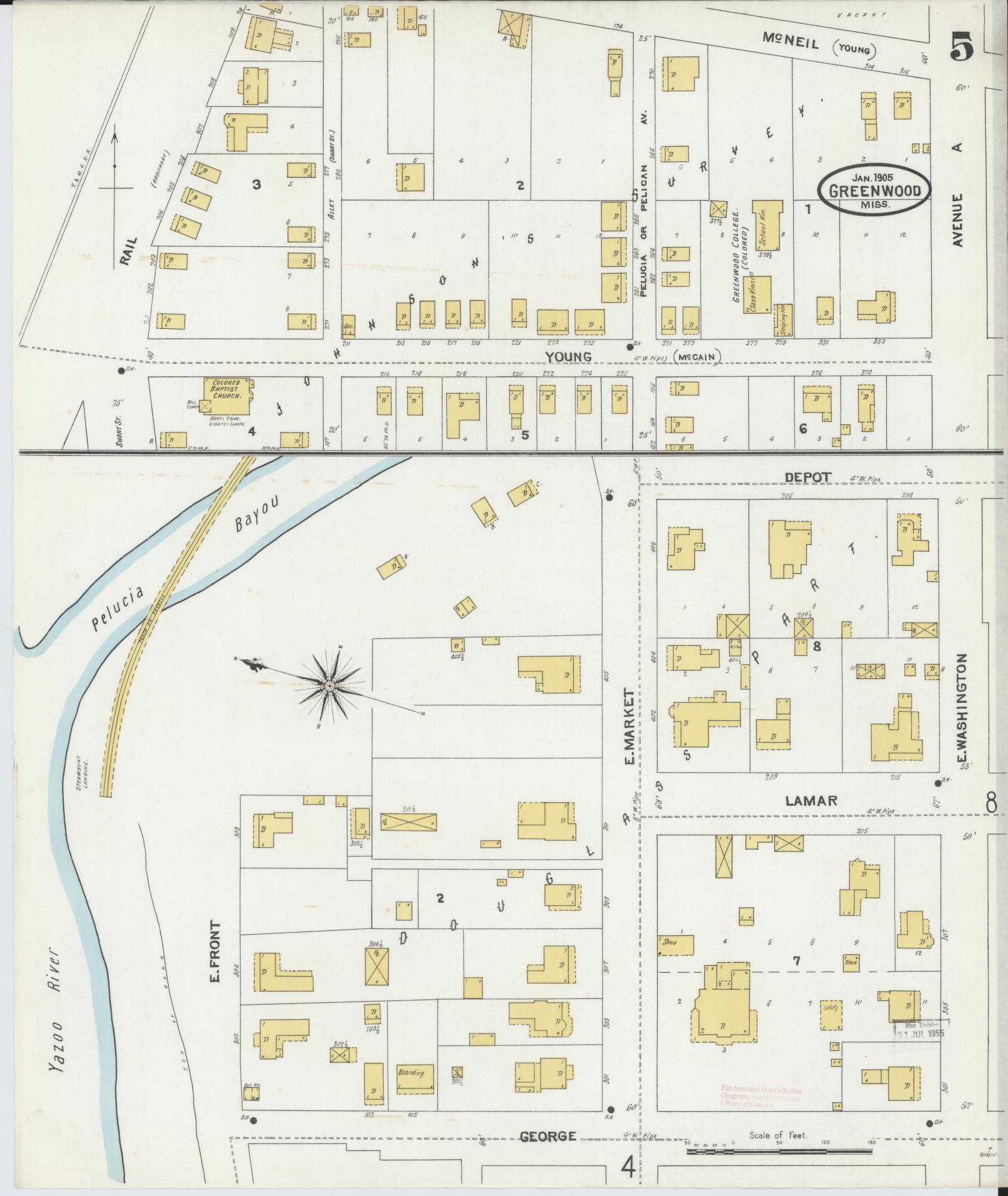 Sanborn Fire Insurance Map from Greenwood, Leflore County, Mississippi (1905), Sheet #0005 - Complete Map Set gallery image, historic Sanborn map, vintage wall art, Mississippi Mississippi
