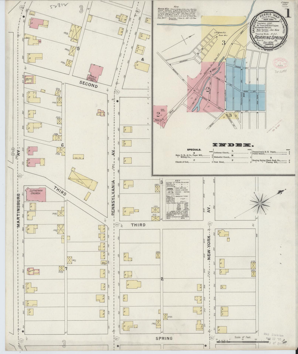 Sanborn Fire Insurance Map from Roaring Spring, Blair County, Pennsylvania (1894), Sheet #0001 - Historic Sanborn Fire Insurance Map Print, vintage old map wall art, antique decor, genealogy gift, Pennsylvania Pennsylvania map