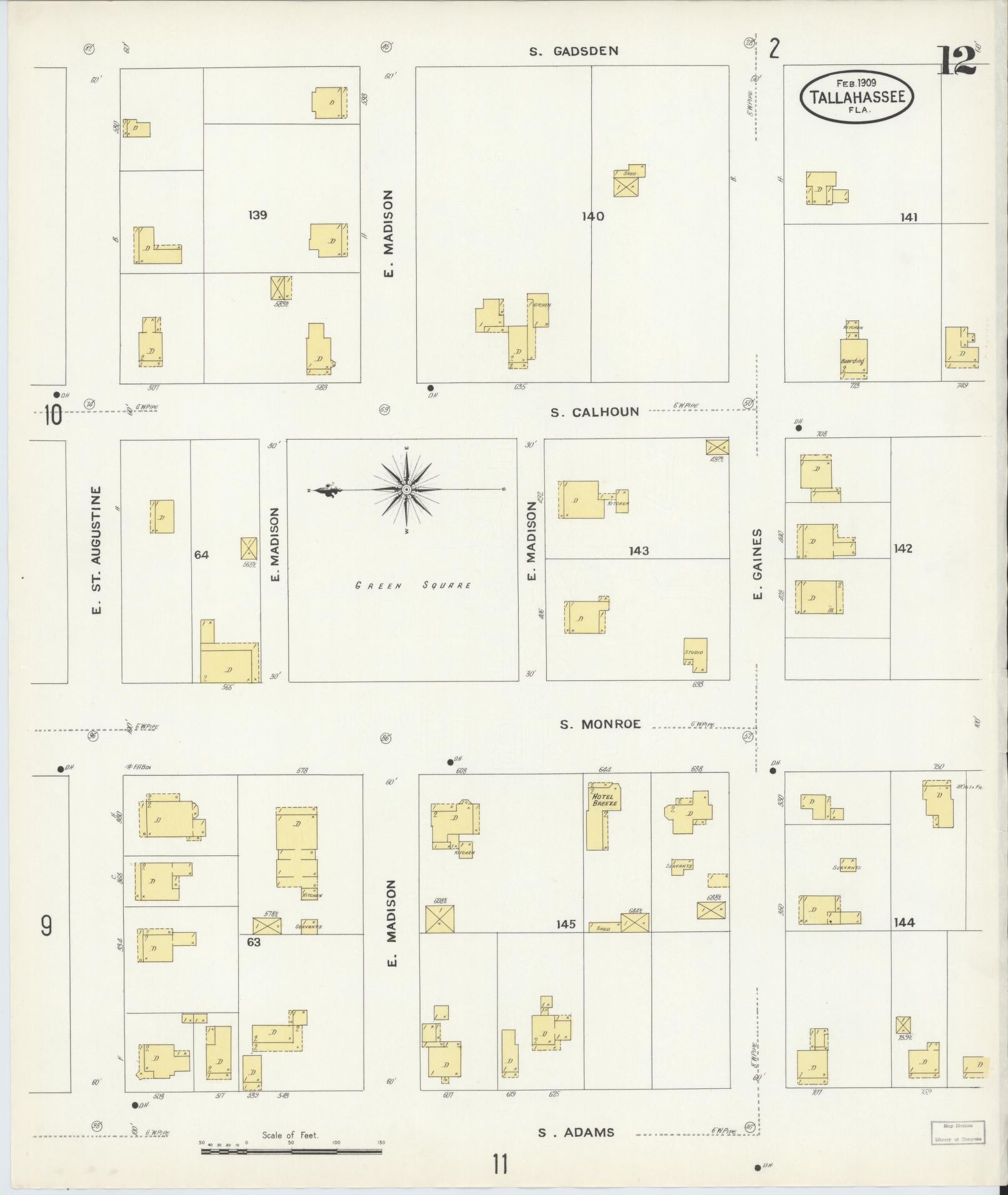 Sanborn Fire Insurance Map from Tallahassee, Leon County, Florida (1909), Sheet #0012 - Complete Map Set gallery image, historic Sanborn map, vintage wall art, Florida Florida