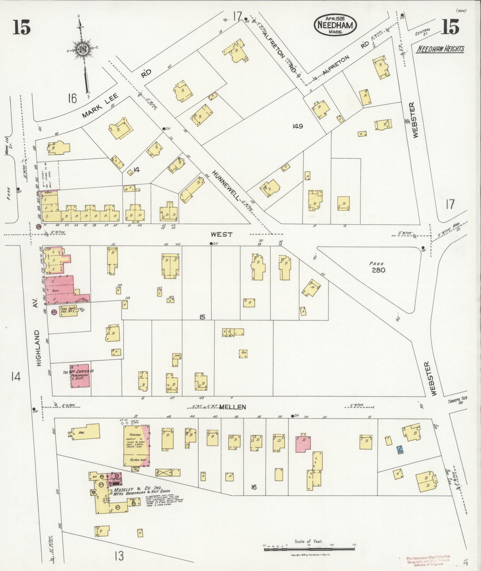 Sanborn Fire Insurance Map from Needham, Norfolk County, Massachusetts (1926), Sheet #0015 - Historic Sanborn Fire Insurance Map Print, vintage old map wall art, antique decor, genealogy gift, Massachusetts Massachusetts map