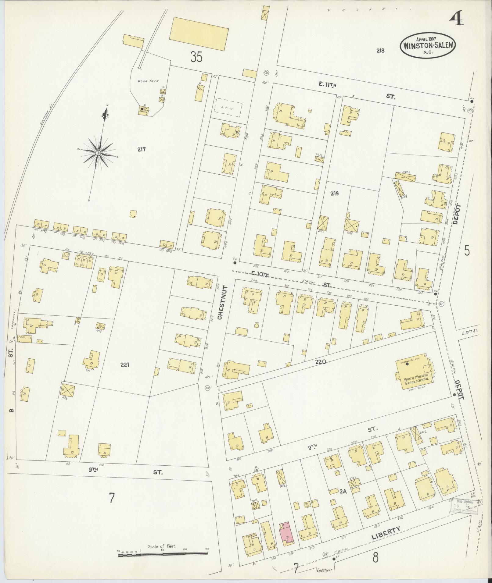 Sanborn Fire Insurance Map from Winston-Salem, Forsyth County, North Carolina (1907), Sheet #0004 - Complete Map Set gallery image, historic Sanborn map, vintage wall art, North Carolina North Carolina