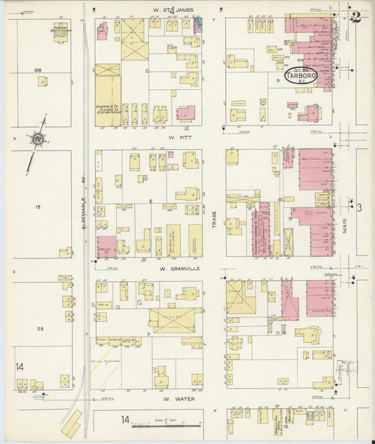 Sanborn Fire Insurance Map from Tarboro, Edgecombe County, North Carolina (1913), Sheet #0002 - Historic Sanborn Fire Insurance Map Print, vintage old map wall art, antique decor, genealogy gift, North Carolina North Carolina map