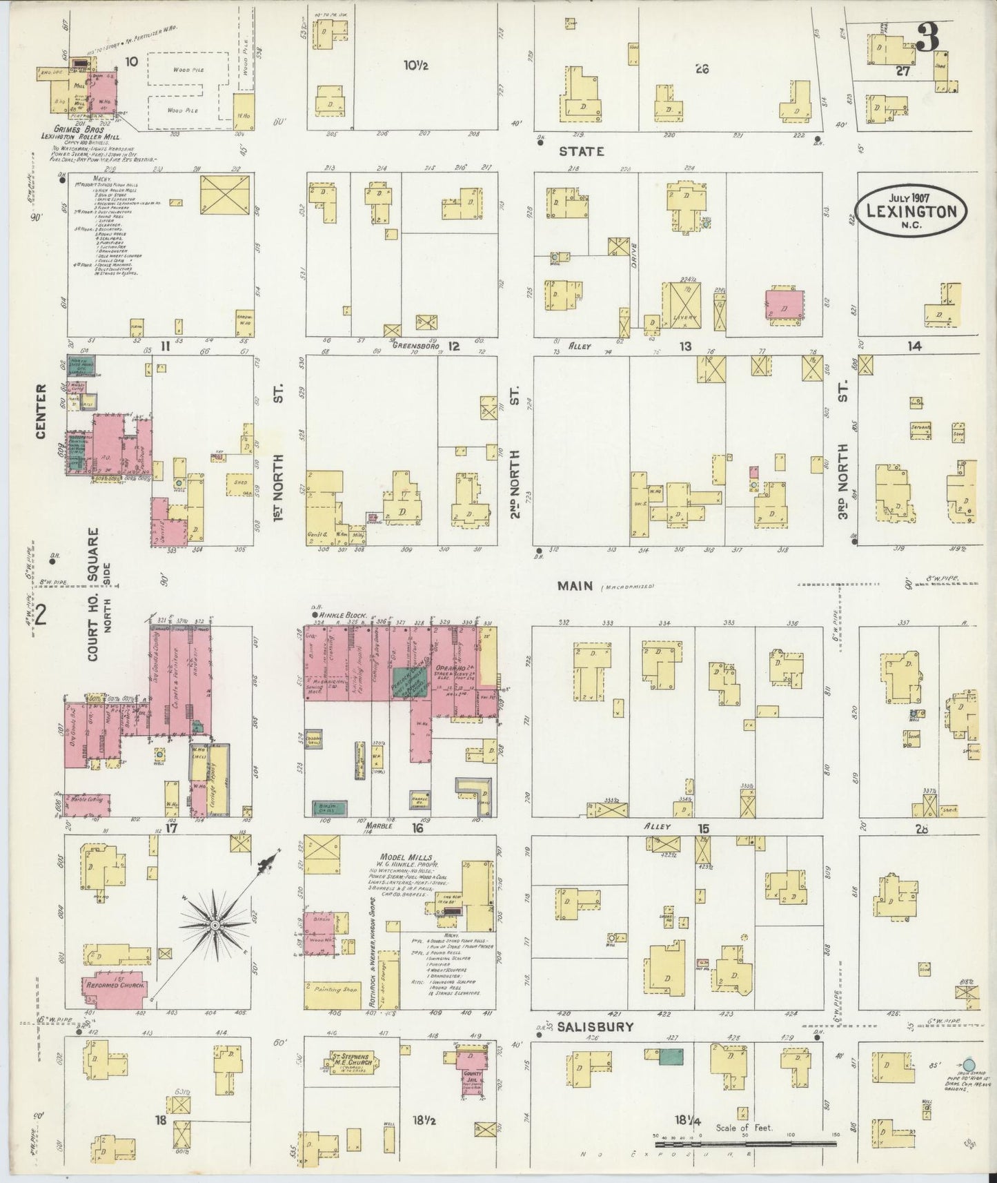 Sanborn Fire Insurance Map from Lexington, Davidson County, North Carolina (1907), Sheet #0003 - Historic Sanborn Fire Insurance Map Print, vintage old map wall art, antique decor, genealogy gift, North Carolina North Carolina map
