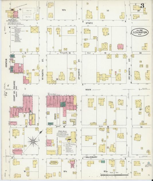 Sanborn Fire Insurance Map from Lexington, Davidson County, North Carolina (1907), Sheet #0003 - Historic Sanborn Fire Insurance Map Print, vintage old map wall art, antique decor, genealogy gift, North Carolina North Carolina map