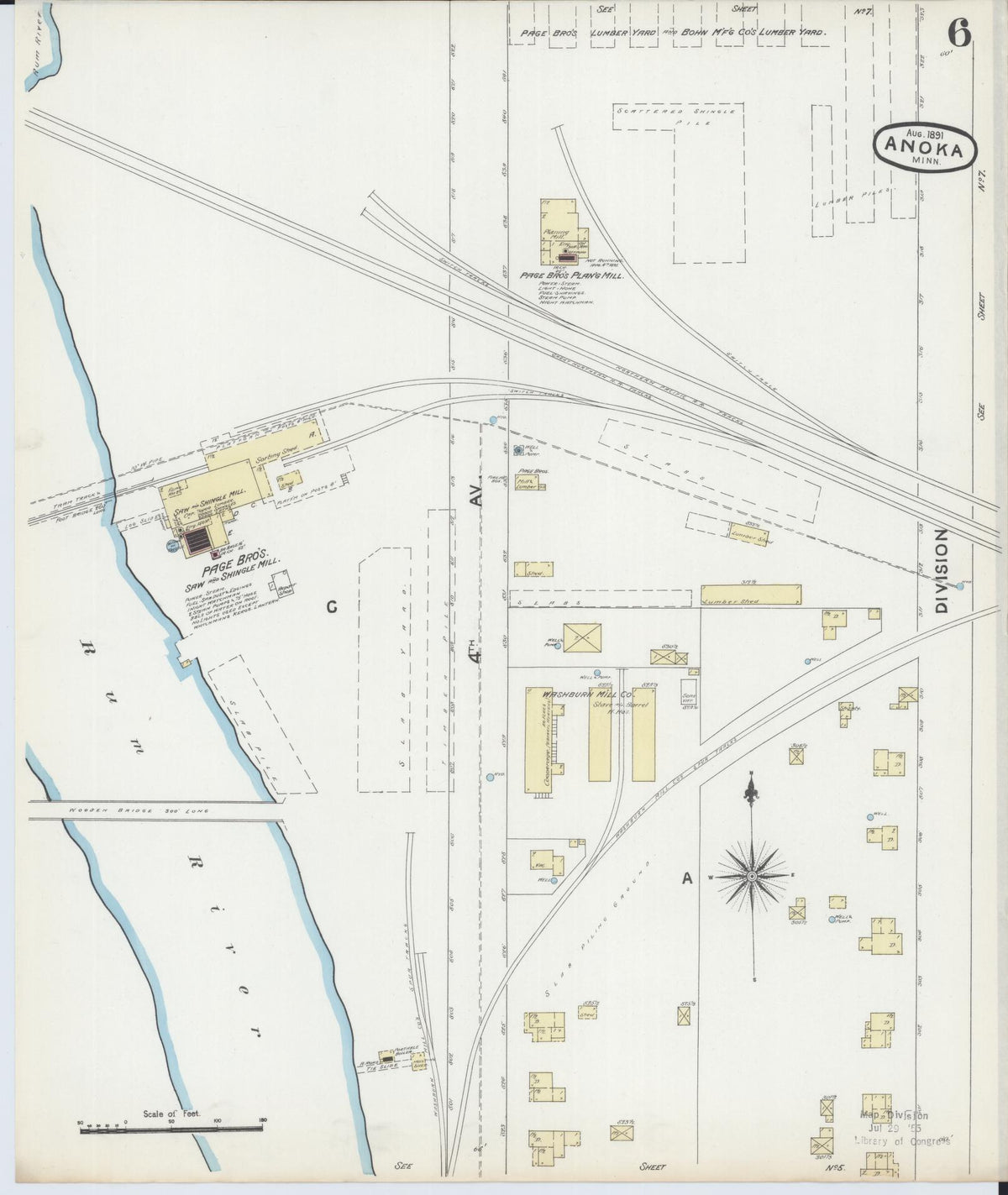 Sanborn Fire Insurance Map from Anoka, Anoka County, Minnesota (1891), Sheet #0006 - Historic Sanborn Fire Insurance Map Print, vintage old map wall art, antique decor, genealogy gift, Minnesota Minnesota map