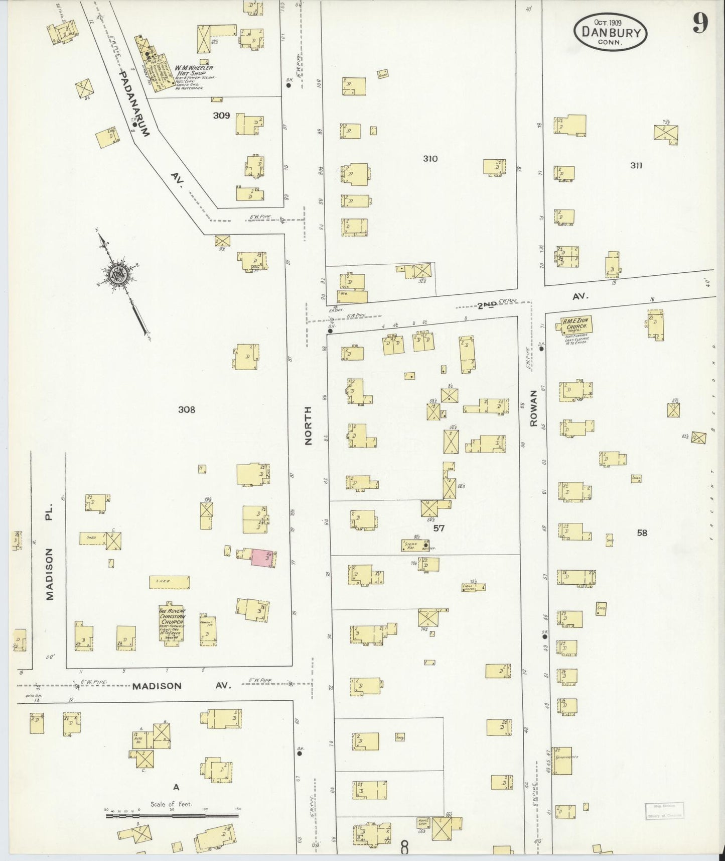 Sanborn Fire Insurance Map from Danbury, Fairfield County, Connecticut (1909), Sheet #0009 - Complete Map Set gallery image, historic Sanborn map, vintage wall art, Connecticut Connecticut