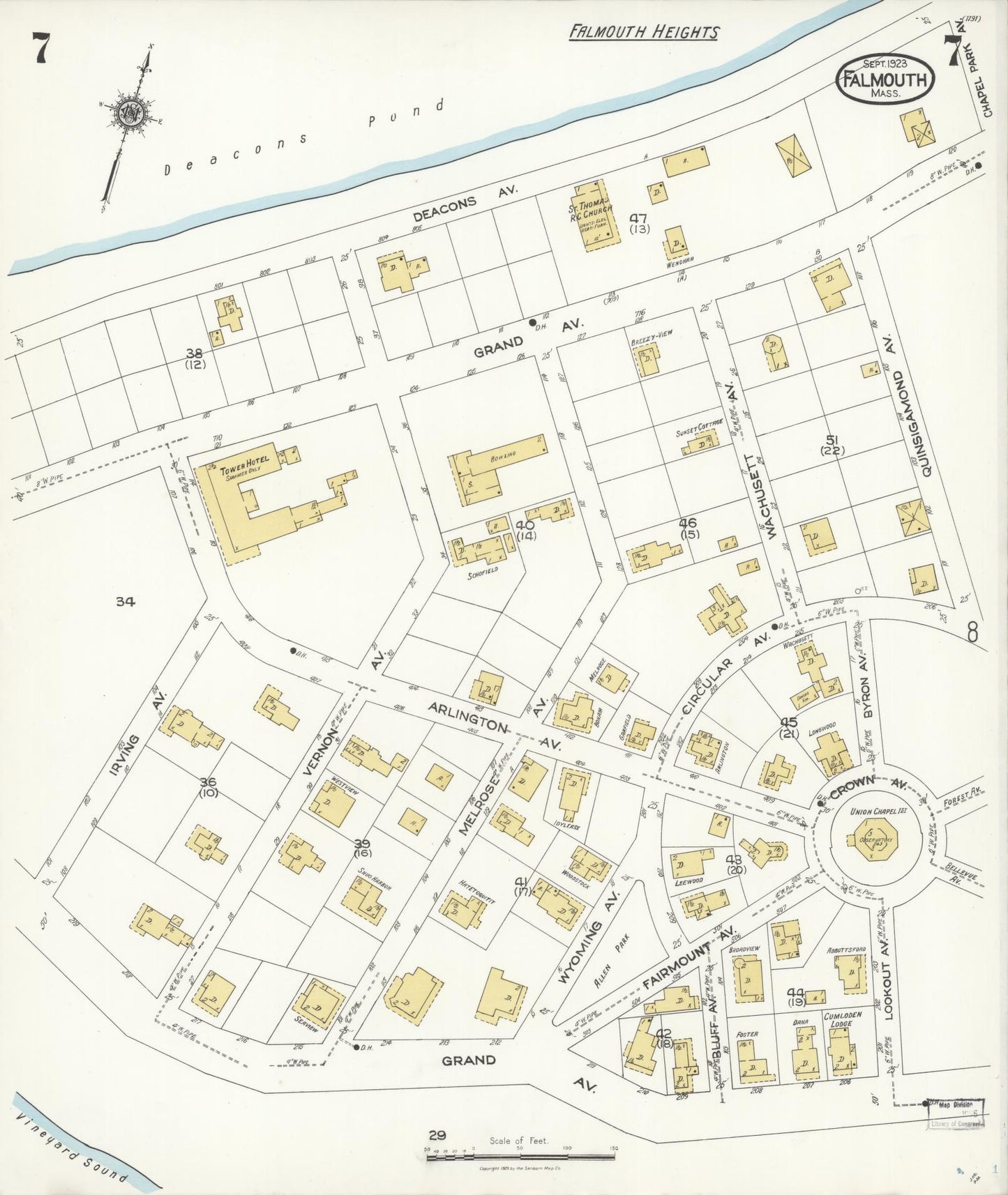 Sanborn Fire Insurance Map from Falmouth, Barnstable County, Massachusetts (1923), Sheet #0007 - Complete Map Set gallery image, historic Sanborn map, vintage wall art, Massachusetts Massachusetts