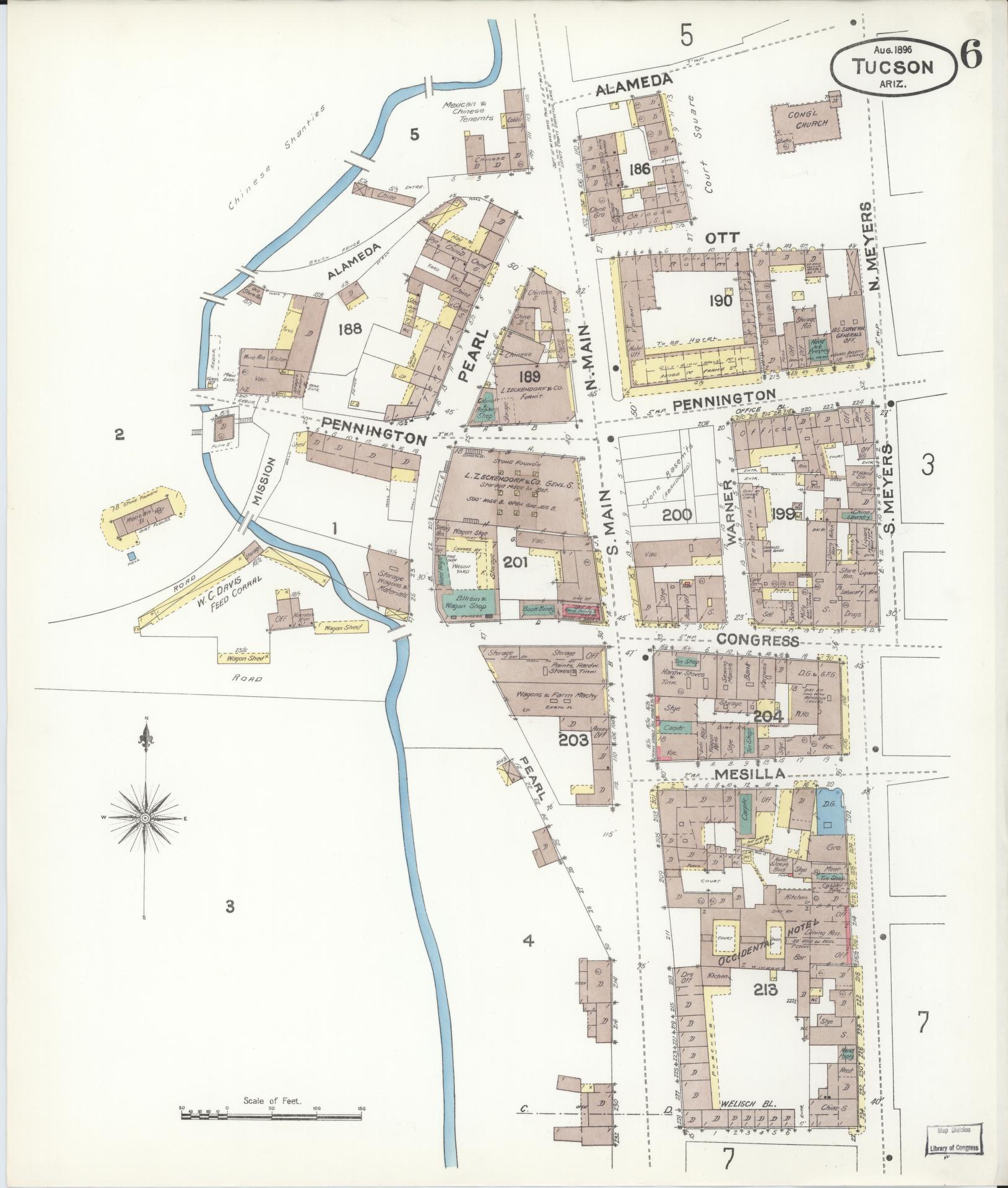 Sanborn Fire Insurance Map from Tucson, Pima County, Arizona (1896), Sheet #0006 - Complete Map Set gallery image, historic Sanborn map, vintage wall art, Arizona Arizona