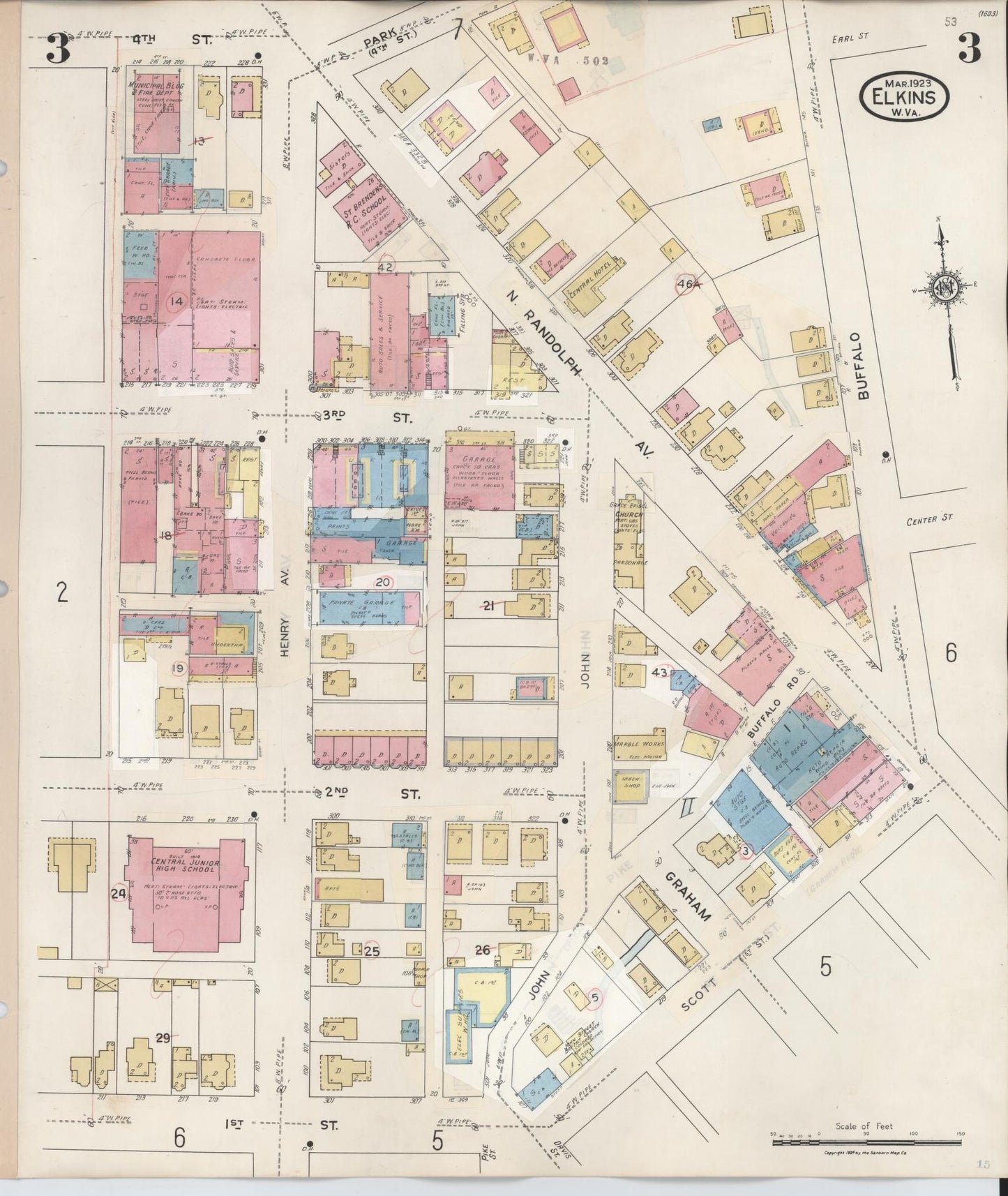 Sanborn Fire Insurance Map from Elkins, Randolph County, West Virginia (1950), Sheet #0003 - Historic Sanborn Fire Insurance Map Print, vintage old map wall art, antique decor, genealogy gift, West Virginia West Virginia map