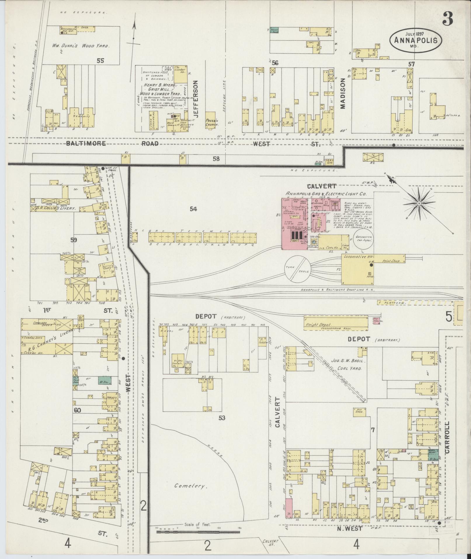 Anne Arundel, Maryland - 1897 - Sanborn Fire Insurance Map, Sheet #0003 - Historic Sanborn Fire Insurance Map Print, Anne Arundel Maryland 1897 0003 vintage old map wall art