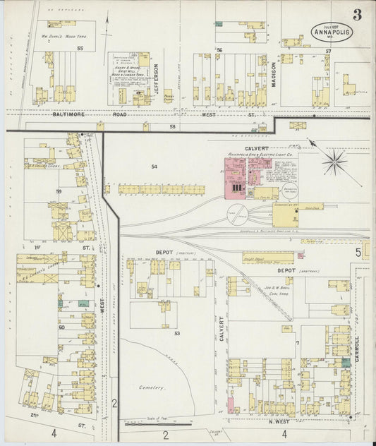 Anne Arundel, Maryland - 1897 - Sanborn Fire Insurance Map, Sheet #0003 - Historic Sanborn Fire Insurance Map Print, Anne Arundel Maryland 1897 0003 vintage old map wall art