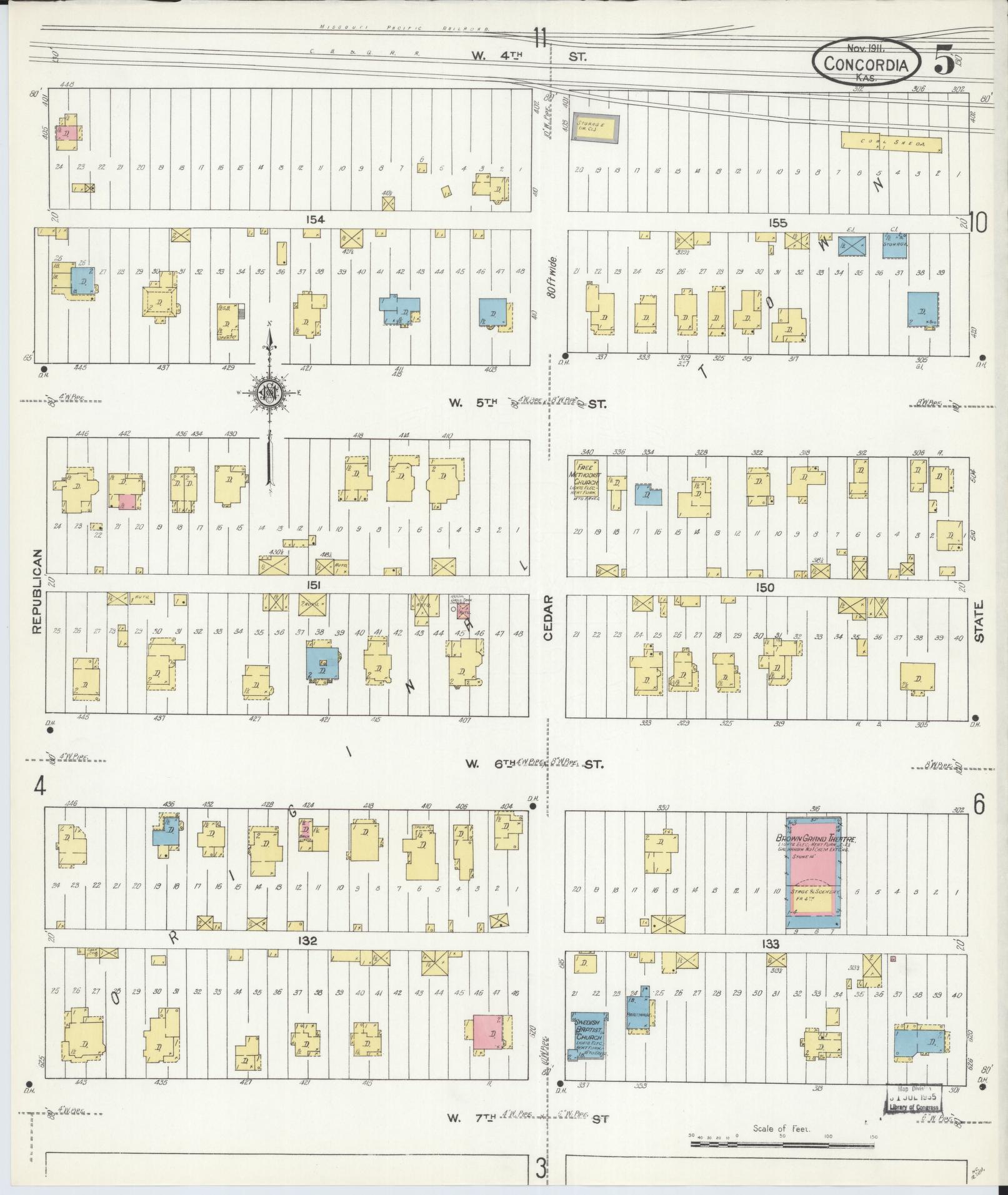 Sanborn Fire Insurance Map from Concordia, Cloud County, Kansas (1911), Sheet #0005 - Complete Map Set gallery image, historic Sanborn map, vintage wall art, Kansas Kansas