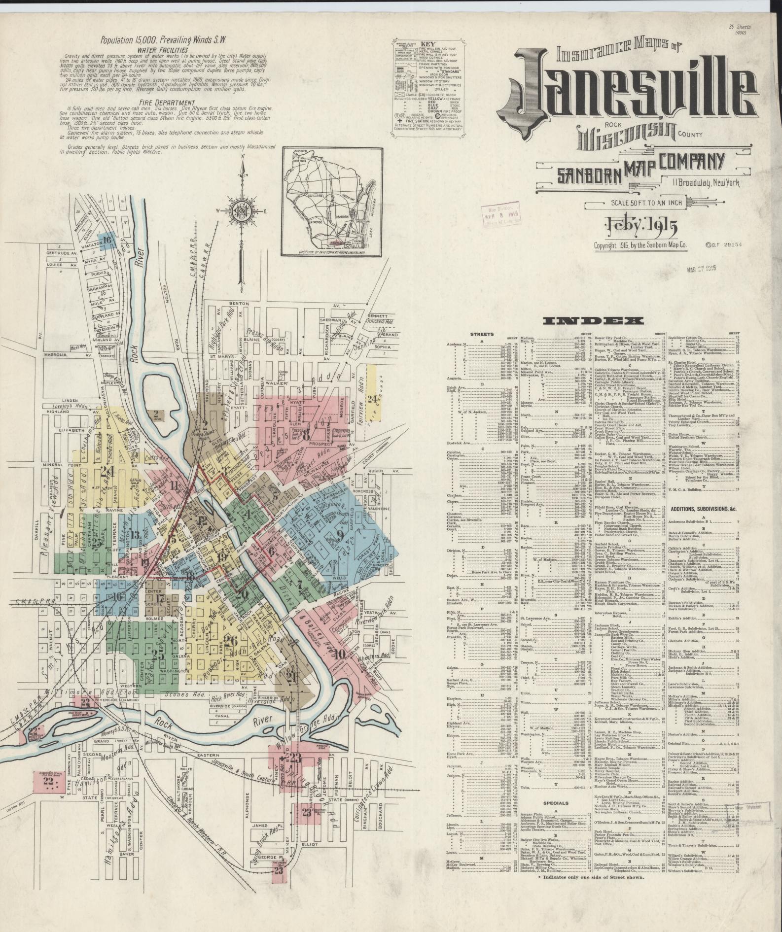 Sanborn Fire Insurance Map from Janesville, Rock County, Wisconsin (1915), Sheet #0001 - Complete Map Set gallery image, historic Sanborn map, vintage wall art, Wisconsin Wisconsin