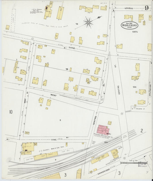 Sanborn Fire Insurance Map from Middleboro, Plymouth County, Massachusetts (1906), Sheet #0009 - Historic Sanborn Fire Insurance Map Print, vintage old map wall art, antique decor, genealogy gift, Massachusetts Massachusetts map
