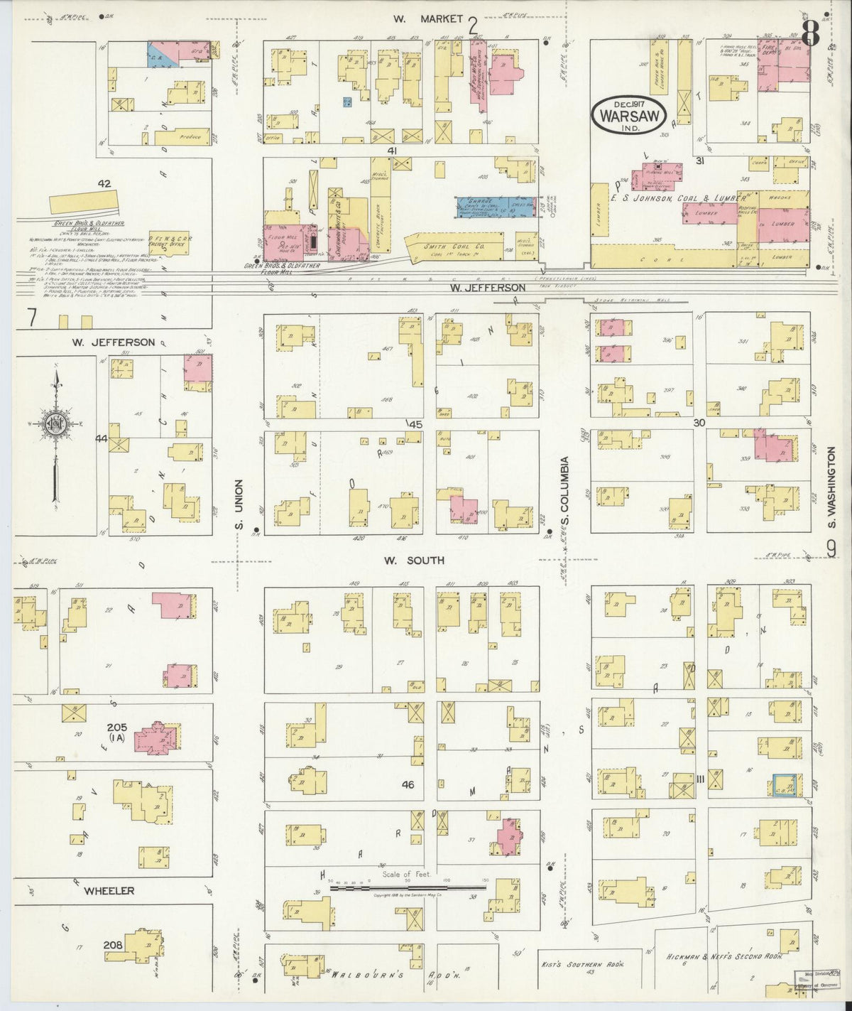 Sanborn Fire Insurance Map from Warsaw, Kosciusko County, Indiana (1917), Sheet #0008 - Historic Sanborn Fire Insurance Map Print, vintage old map wall art, antique decor, genealogy gift, Indiana Indiana map