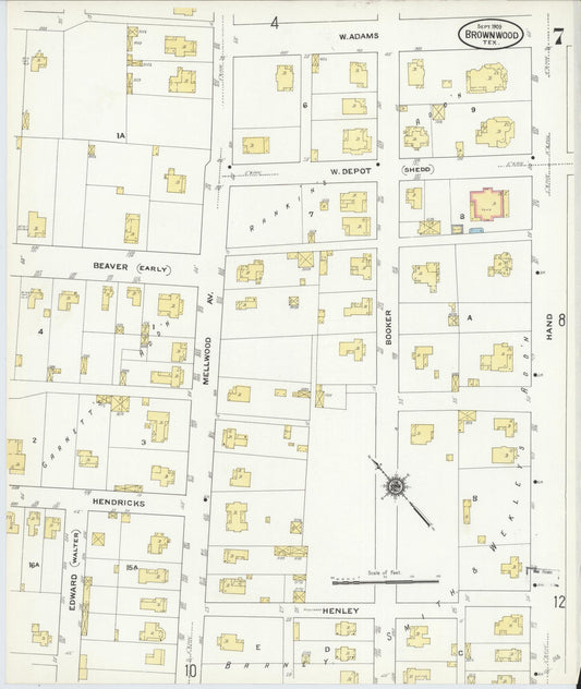 Sanborn Fire Insurance Map from Brownwood, Brown County, Texas (1909), Sheet #0007 - Historic Sanborn Fire Insurance Map Print, vintage old map wall art, antique decor, genealogy gift, Texas Texas map