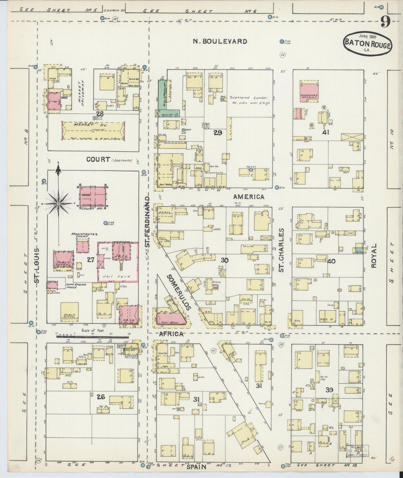 Sanborn Fire Insurance Map from Baton Rouge, East Baton Rouge Parish, Louisiana (1891), Sheet #0009 - Complete Map Set gallery image, historic Sanborn map, vintage wall art, Louisiana Louisiana