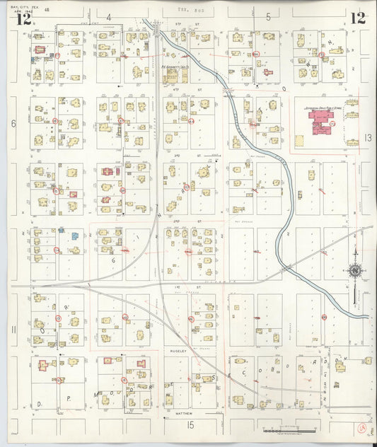 Sanborn Fire Insurance Map from Bay City, Matagorda County, Texas (1947), Sheet #0012 - Historic Sanborn Fire Insurance Map Print, vintage old map wall art, antique decor, genealogy gift, Texas Texas map
